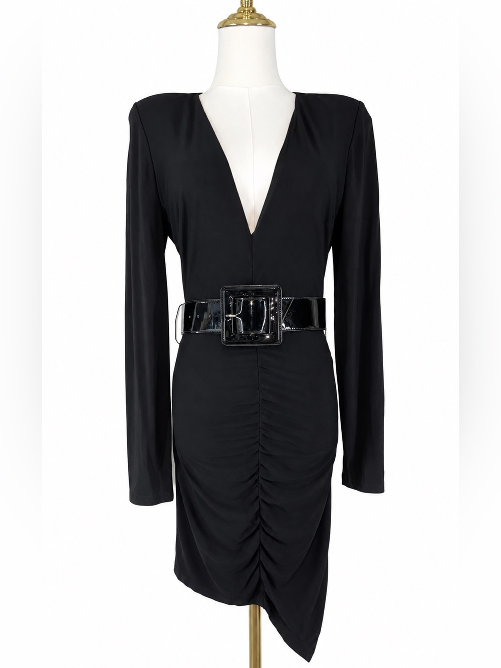 bebe Rachel Deep V Shirred Belted Black Bodycon Dress S